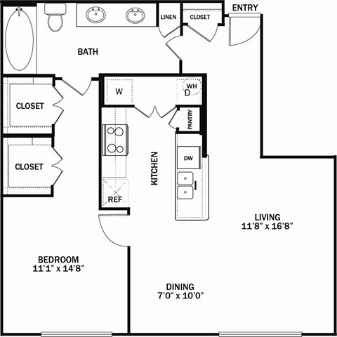 A black and white drawing of a house plan with a living room, dining room, kitchen, and bathroom.